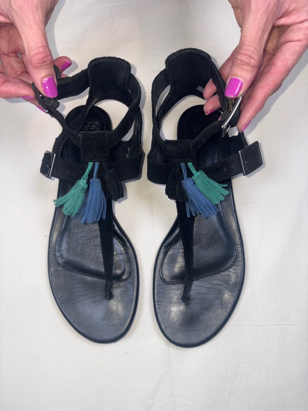 UGG Black Suede T-Strap Sandals with Blue and Green Tassels